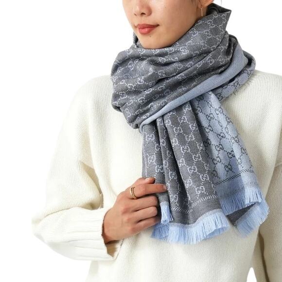 Gucci Stencil Monogram GG Logo 2 Tone Scarf Square blue 48x180 - Picture 2 of 8